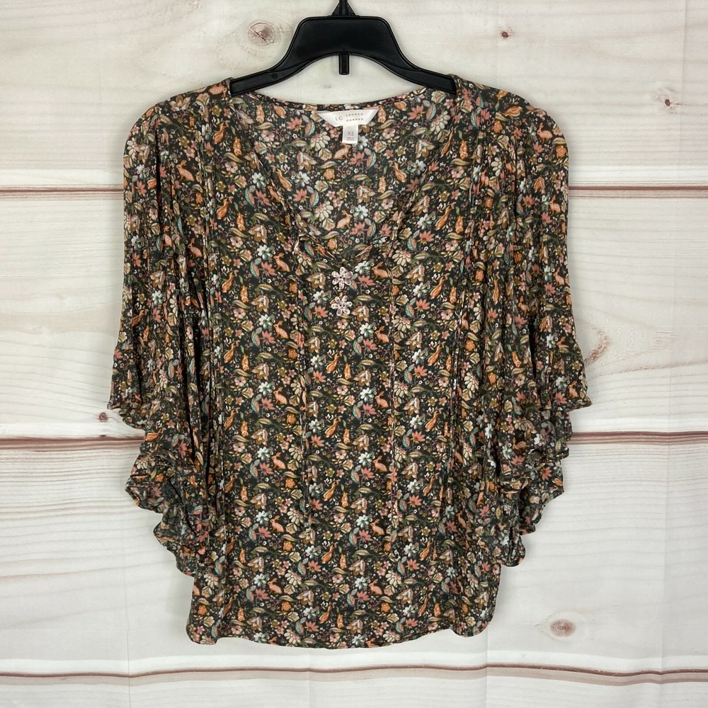 Lauren Conrad Top Womens XS Floral Blouse Ruffled 3/4 Sleeve‎ V-Neck Peasant